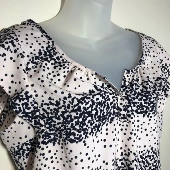 MOTHERHOOD MATERNITY PINK/BLACK POLKA DOT POLYESTER FLUTTER BLOUSE SMALL-EUC - Picture 2 of 5